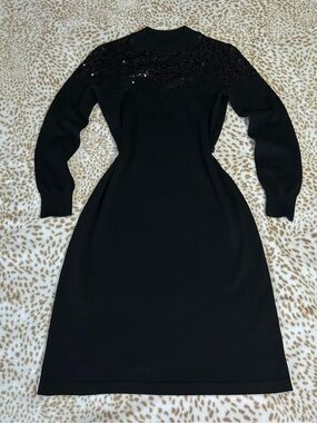 Vince Camuto Black Sequin Yoke Long Sleeve Knit Dress